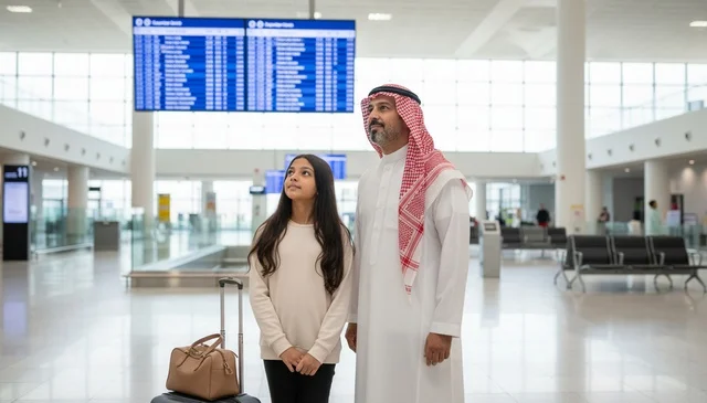 Saudi Man and Girl at Airport Flight Board