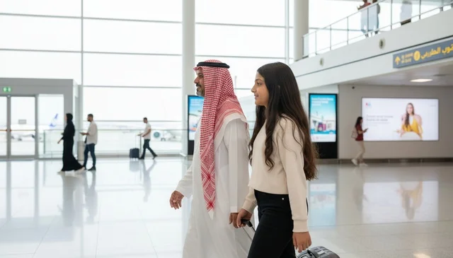 أب سعودي وابنته يسيران في صالة المطار أب سعودي وابنته يسيران في صالة المطار