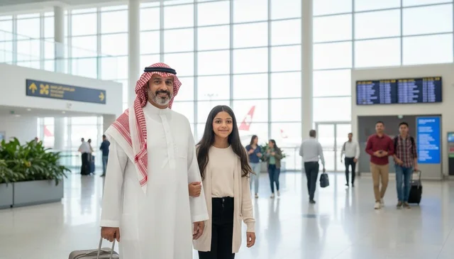 رجل سعودي وابنته في صالة مطار حديثة