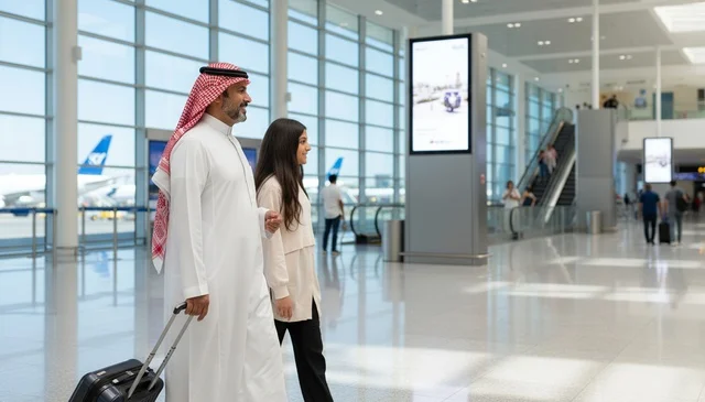 رجل سعودي وامرأة يسيران في صالة مطار حديثة