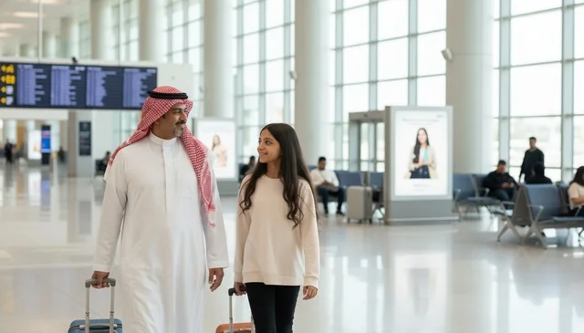 Saudi Father and Daughter with Luggage in Airport Terminal