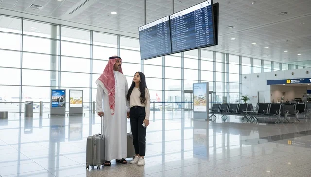 رجل سعودي وفتاة في صالة المطار أمام لوحة الرحلات