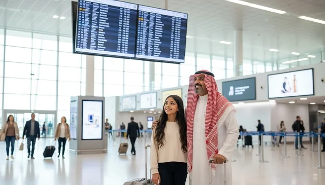 Saudi Man and Daughter in Modern Airport Terminal