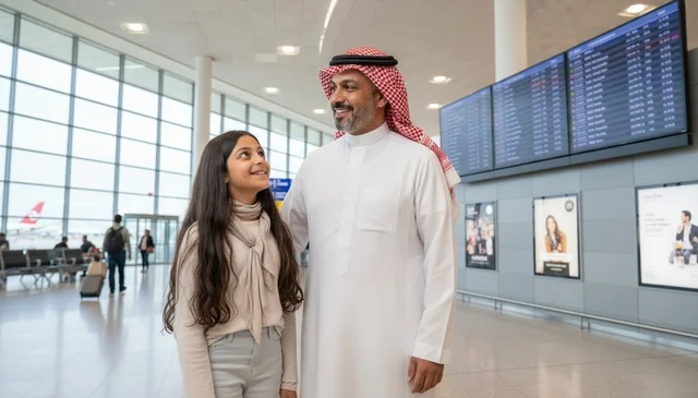 Saudi Man and Girl at Airport Terminal Information Board