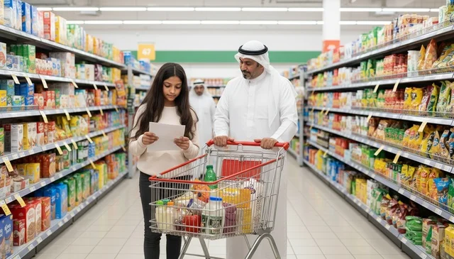 رجل إماراتي يتسوق مع ابنته في السوبر ماركت