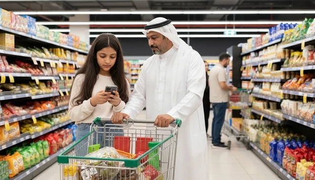 أب وابنة إماراتيان يتسوقان في السوبر ماركت