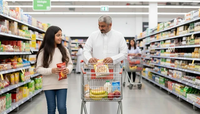 Saudi Father and Daughter Shopping in Supermarket