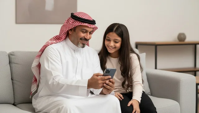 أب سعودي وابنته يستخدمان الهاتف الذكي في المنزل