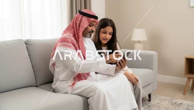 أب سعودي وابنته يستخدمان الهاتف الذكي في المنزل