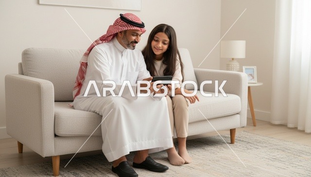 أب سعودي مع ابنته يستخدمان الهاتف الذكي في المنزل