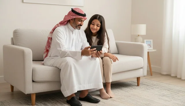 أب سعودي مع ابنته يستخدمان الهاتف الذكي في المنزل