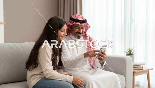 أب سعودي وابنته يستخدمان الهاتف الذكي في المنزل