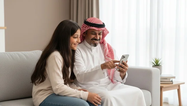 Saudi Father and Daughter Using Smartphone at Home
