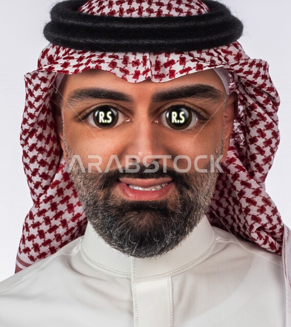 صورة مقربة لرجل أعمال عربي سعودي خليجي ناجح , رؤية رمز العملة النقدية السعودية من خلال عينيه , الغنى والثراء , النمو والأرباح المالية , مفهوم الاستثمار الناجح ,  الإسراف وهدر الأموال . 