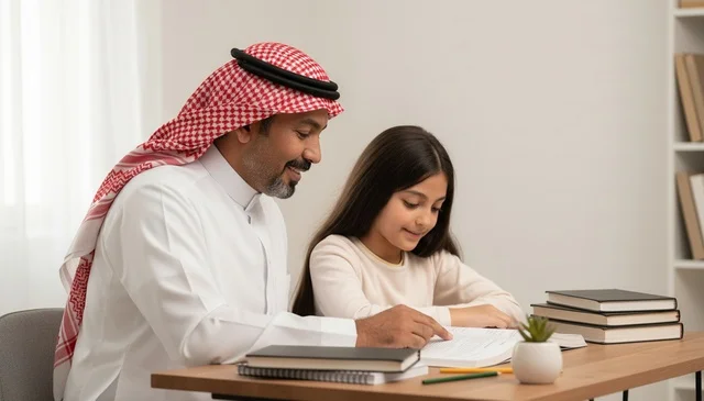 Saudi Father and Daughter Studying at Home Desk