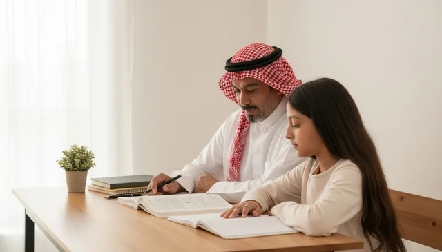 Saudi Father Helping Daughter with School Homework Saudi Father Helping Daughter with School Homework