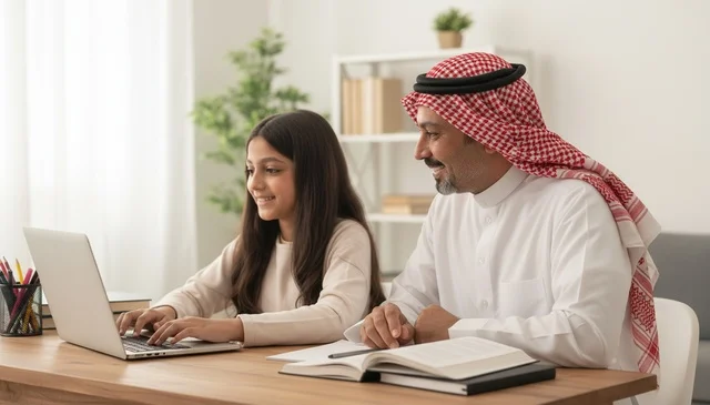 أب سعودي وابنته يدرسان عبر الكمبيوتر المحمول بالمنزل