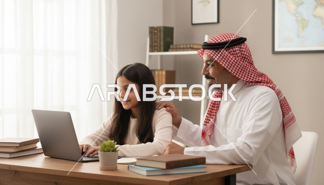 أب سعودي وابنته يستخدمان الكمبيوتر المحمول في المنزل