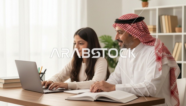 أب سعودي وابنته يستخدمان الكمبيوتر المحمول للدراسة المنزلية