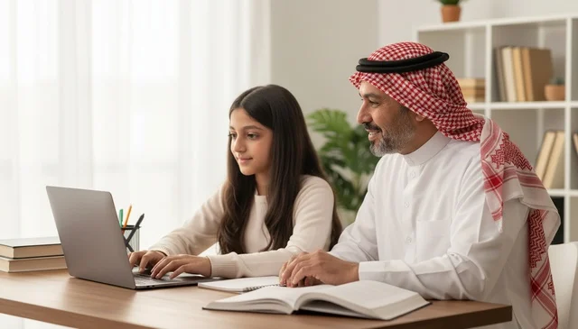 أب سعودي وابنته يستخدمان الكمبيوتر المحمول للدراسة المنزلية