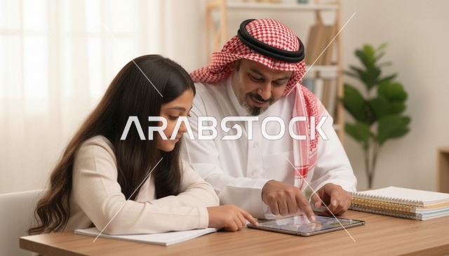 أب سعودي يساعد ابنته في الدراسة بجهاز لوحي