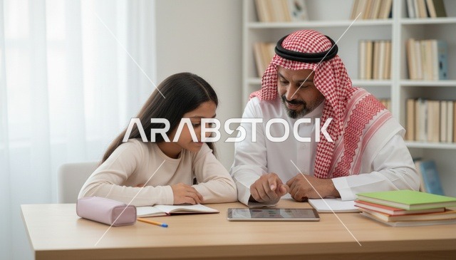 أب سعودي يساعد ابنته في الدراسة باستخدام الجهاز اللوحي