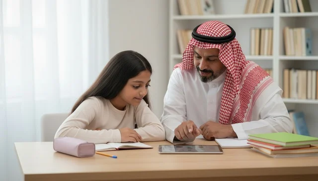 Saudi Father and Daughter Using Tablet for Studies