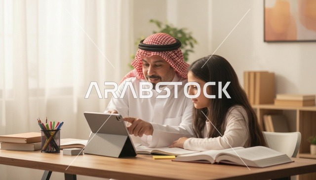 أب سعودي يساعد ابنته في الدراسة باستخدام جهاز لوحي