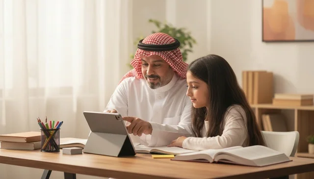 أب سعودي يساعد ابنته في الدراسة باستخدام جهاز لوحي