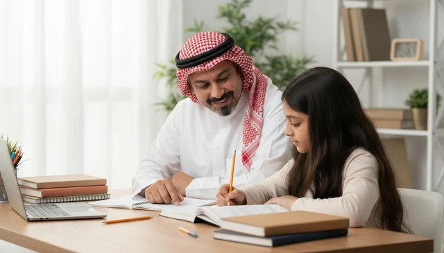 Saudi Father Helping Daughter with School Homework