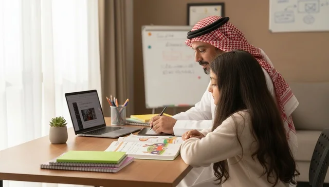 Saudi Father and Daughter Studying at Home with Laptop