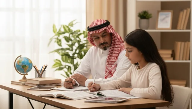 Saudi Father Helping Daughter with School Homework