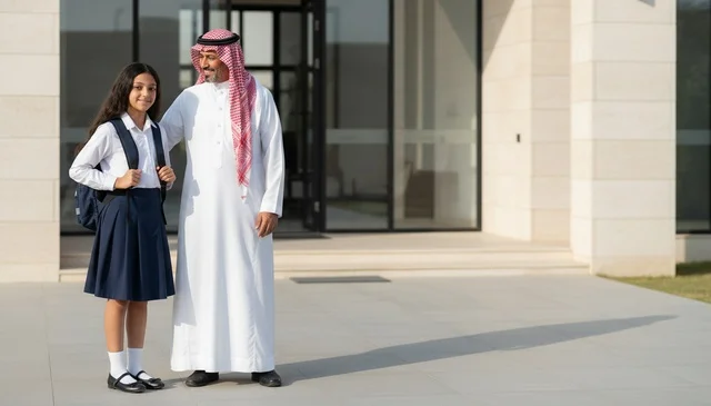 أب سعودي وطالبة بالزي المدرسي والزي التقليدي