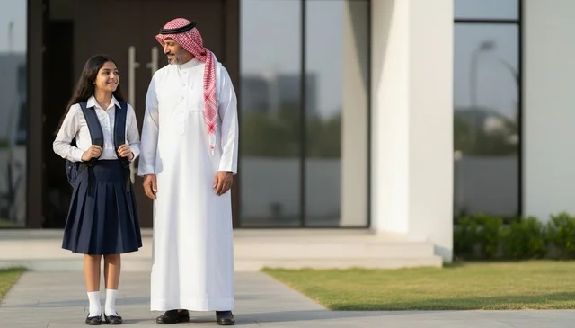 أب سعودي وابنته بالزي المدرسي خارج المنزل
