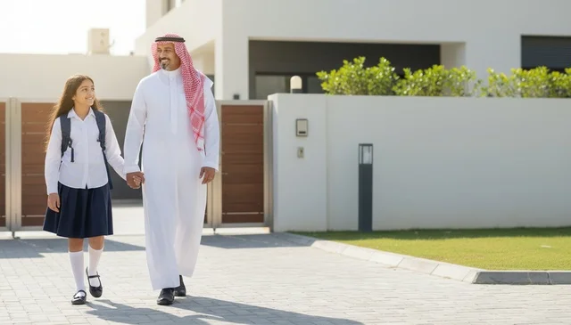 أب سعودي وابنته يسيران إلى المدرسة