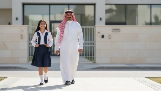 Saudi Father and Daughter in School Uniform Outdoor