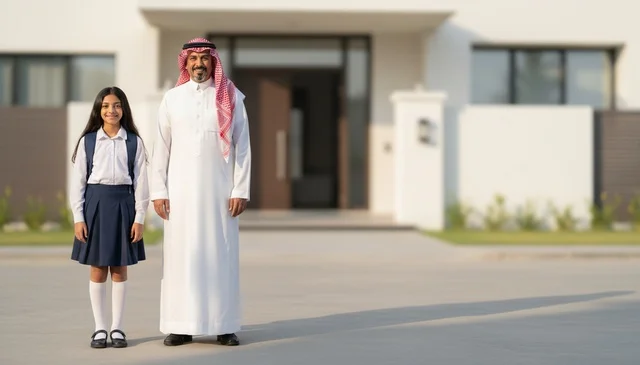 أب سعودي وابنته بزي المدرسة أمام المنزل