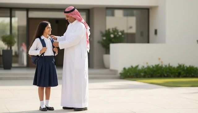 Saudi Father Adjusting Daughter School Bag Outdoors