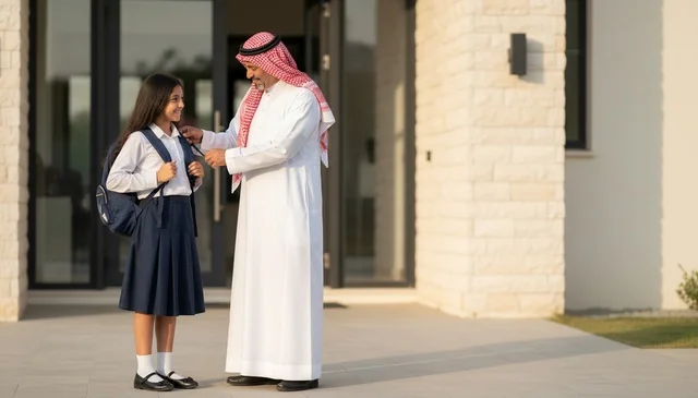Saudi Father and Daughter Outside Villa Before School