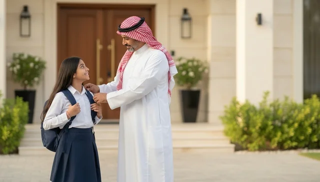 أب سعودي يجهز ابنته للمدرسة في الصباح