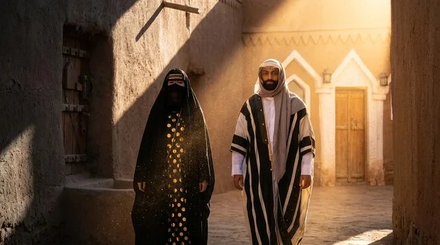 رجل وامرأة بزي سعودي تقليدي في قرية تراثية