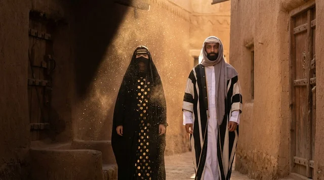 Emirati Couple in Heritage Village with Golden Sunlight