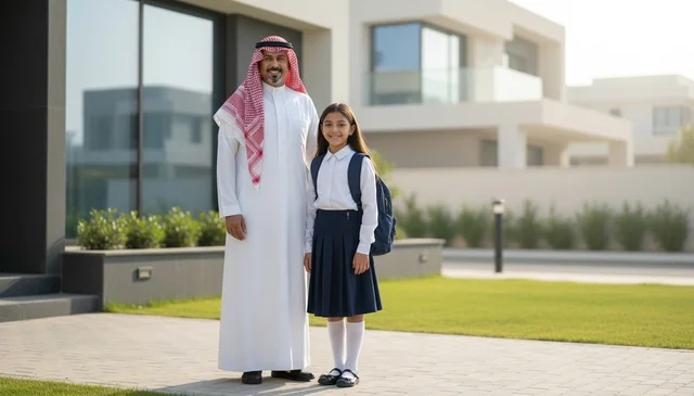 أب سعودي وابنته بالزي المدرسي أمام المنزل