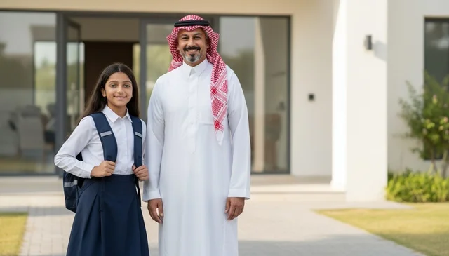 Saudi Father and Daughter in School Uniform