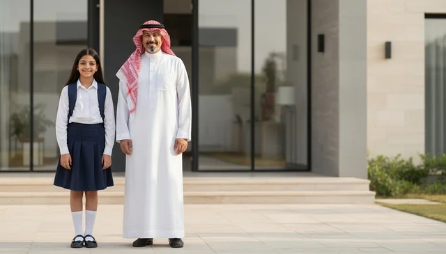 أب سعودي مع ابنته بالزي المدرسي أمام المنزل