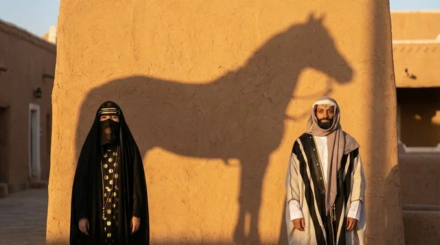 رجل وامرأة سعوديان مع ظل خيل في موقع تراثي