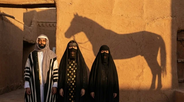 أشخاص بزي سعودي تقليدي مع ظل خيل