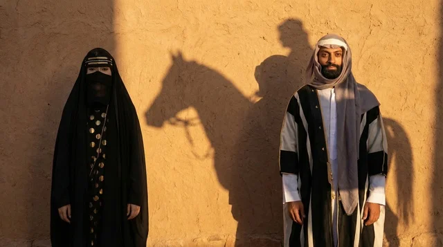 Saudi Couple in Traditional Wear with Horse Shadow