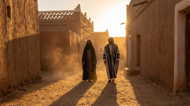 زوجان سعوديان باللباس التقليدي في قرية تراثية