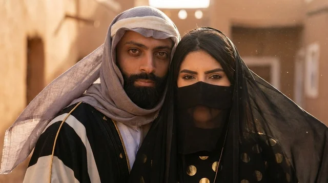 زوجان سعوديان بالملابس التراثية التقليدية